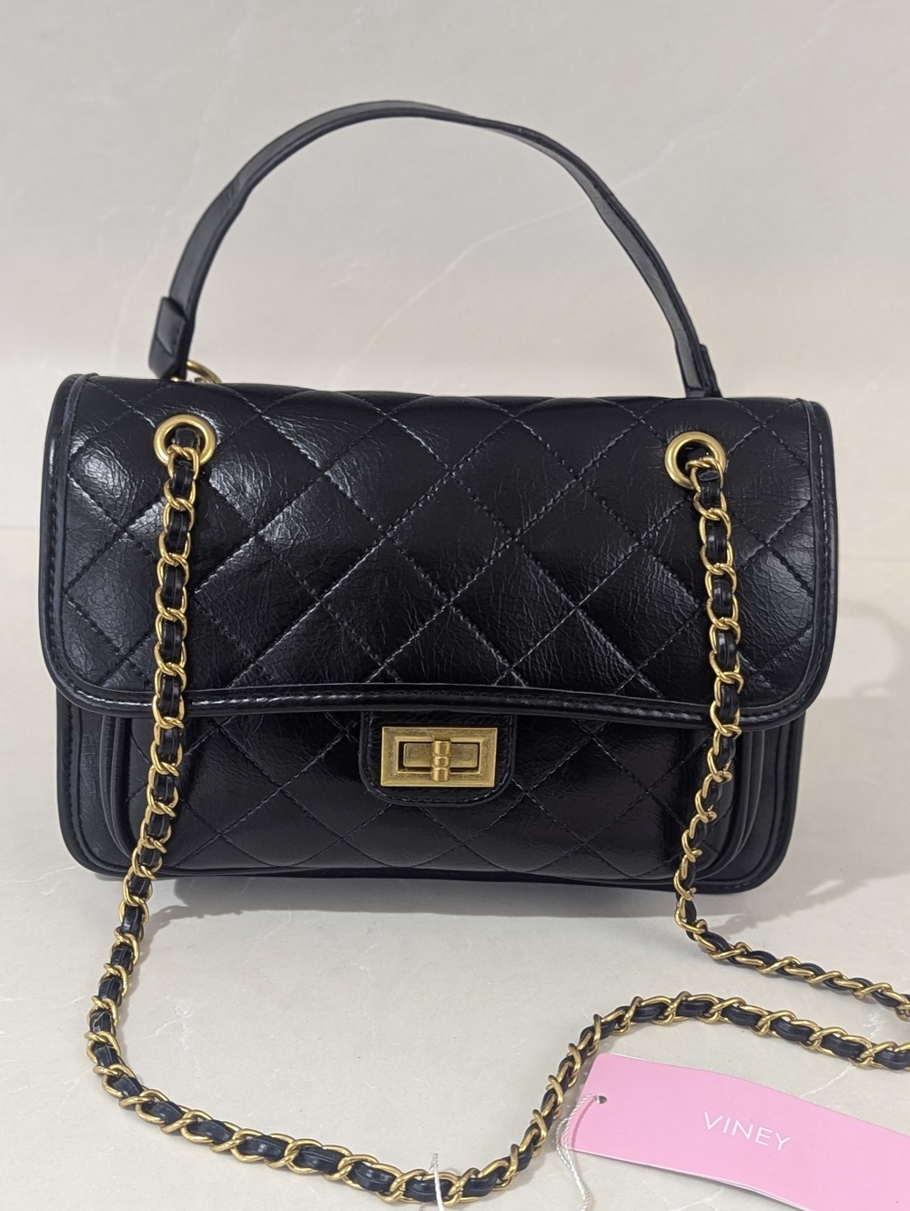 Viney Black Quilted Leather Chain-Handle Shoulder Bag